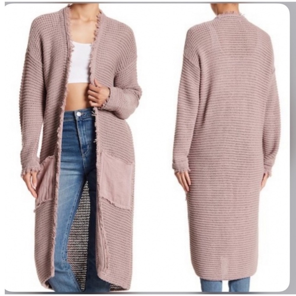 FREE PEOPLE Woodstock Longline  Cardigan Boho L blush Chunky Knit Frayed mauve